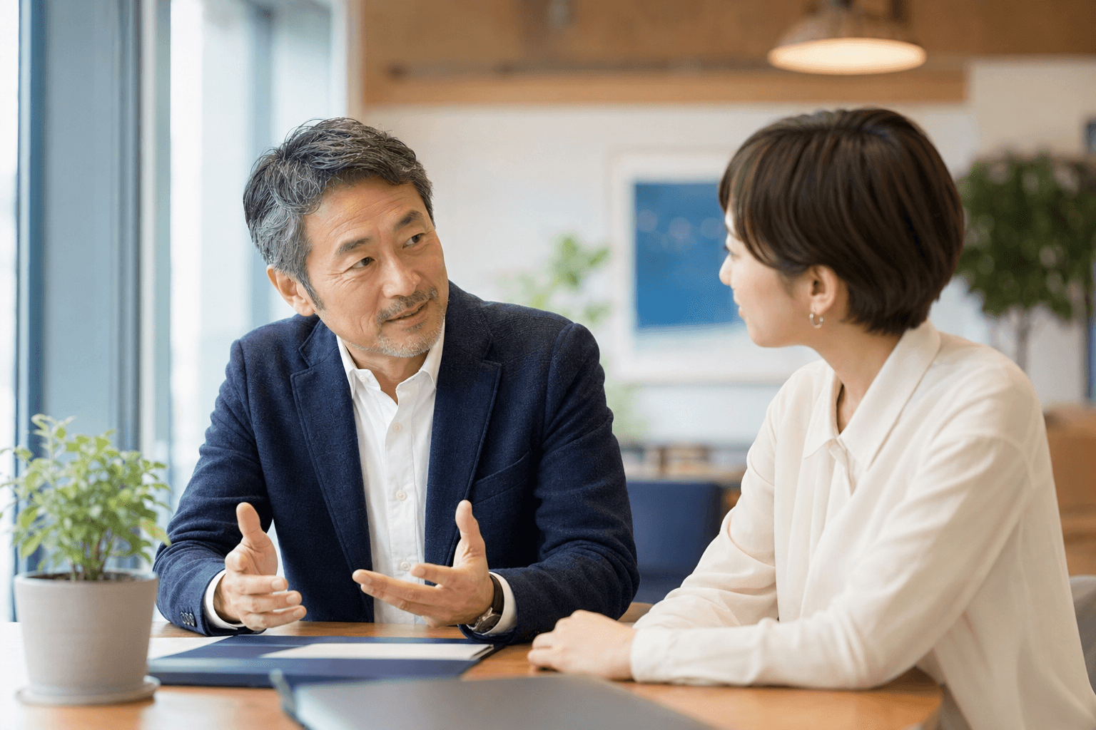 愛と信頼をテーマに、伴走型のビジネス支援を象徴する温かみのあるオフィスでの対話シーン